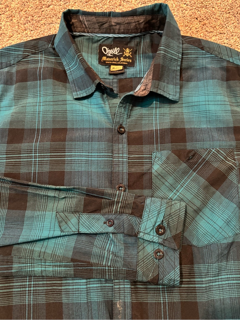 O'Neill Maverick Series Mens Sz Medium Blue Black Plaid Long Sleeve Button Shirt